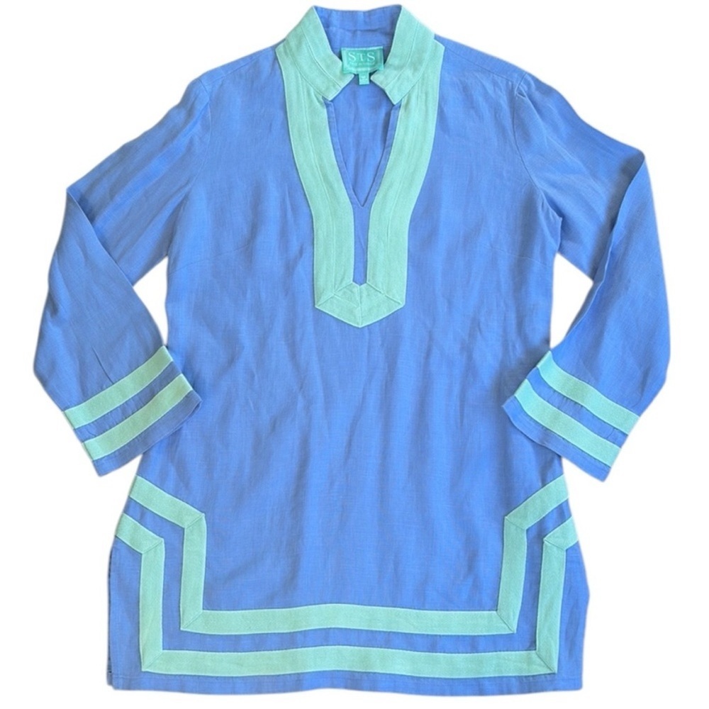 EUC Sail to Sable Linen Tunic Top Blue Mint Green Size Medium